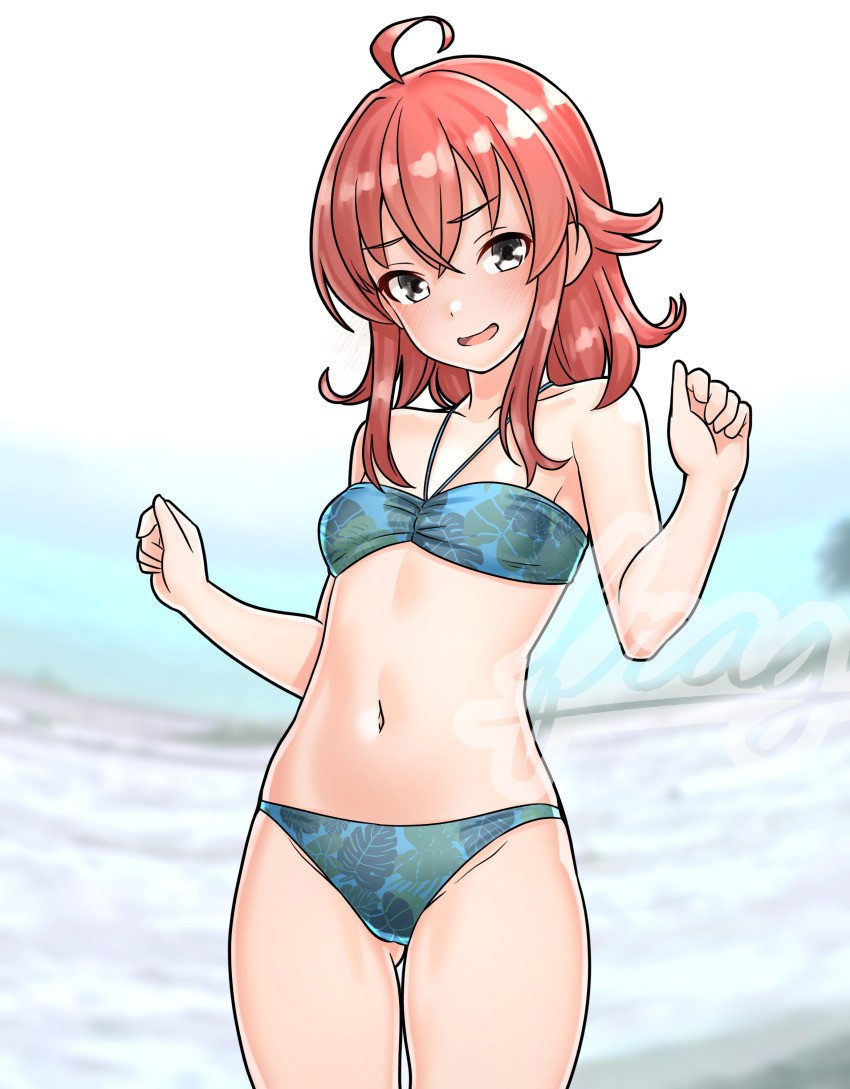 1girl absurdres ahoge aqua_bikini arashi_(kancolle) beach bikini blurry blurry_background blush day furaggu_(frag_0416) highres kantai_collection medium_hair messy_hair navel open_mouth outdoors red_hair smile solo swimsuit thighs watermark