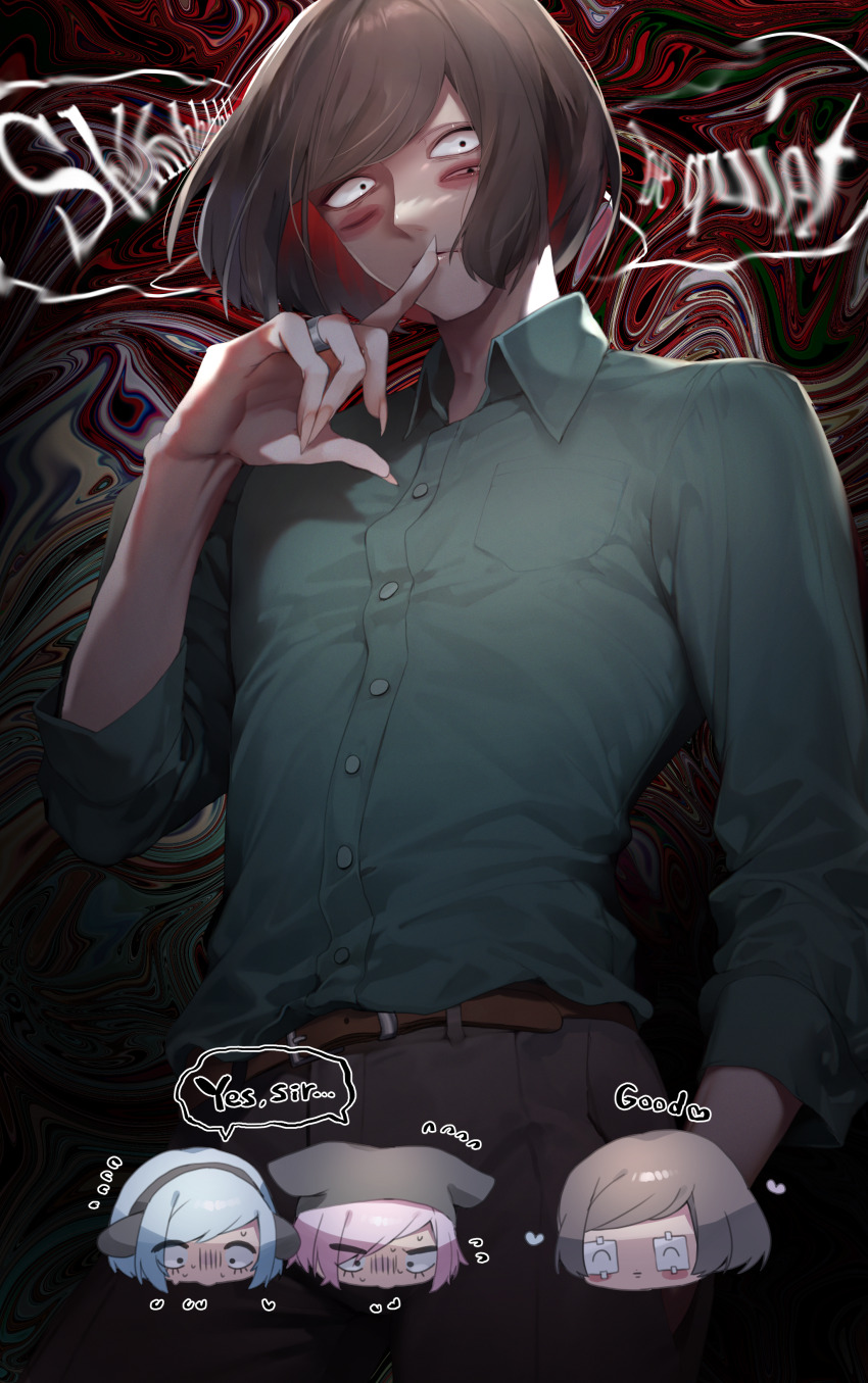 3boys absurdres alltime_natsu black_eyes brown_hair commentary_request english_text extra_eyes finger_to_mouth fingernails green_shirt highres looking_at_viewer luther_von_ivory male_focus multiple_boys nyen_(randal&#039;s_friends) nyon_(randal&#039;s_friends) randal&#039;s_friends sharp_fingernails shirt short_hair upper_body