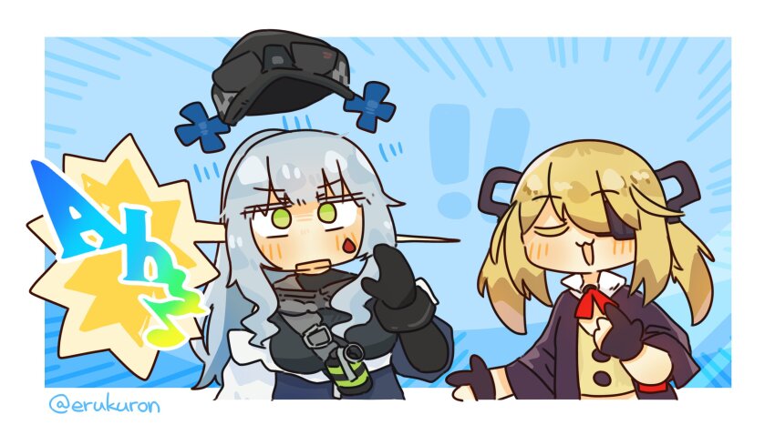 ! !! 2girls black_jacket blonde_hair blue_jacket border breasts closed_eyes english_text explosive eyepatch girls&#039;_frontline girls&#039;_frontline_2:_exilium gloves green_eyes grenade grey_hair hand_up highres hk416_(girls&#039;_frontline) jacket klukai_(girls&#039;_frontline_2) large_breasts lcron long_hair multicolored_jacket multiple_girls musical_note off_shoulder open_clothes open_jacket open_mouth partially_fingerless_gloves ponytail shirt skorpion_(girls&#039;_frontline) speech_bubble speech_stab teardrop_facial_mark twintails twitter_username two-tone_jacket upper_body white_border white_jacket yellow_shirt