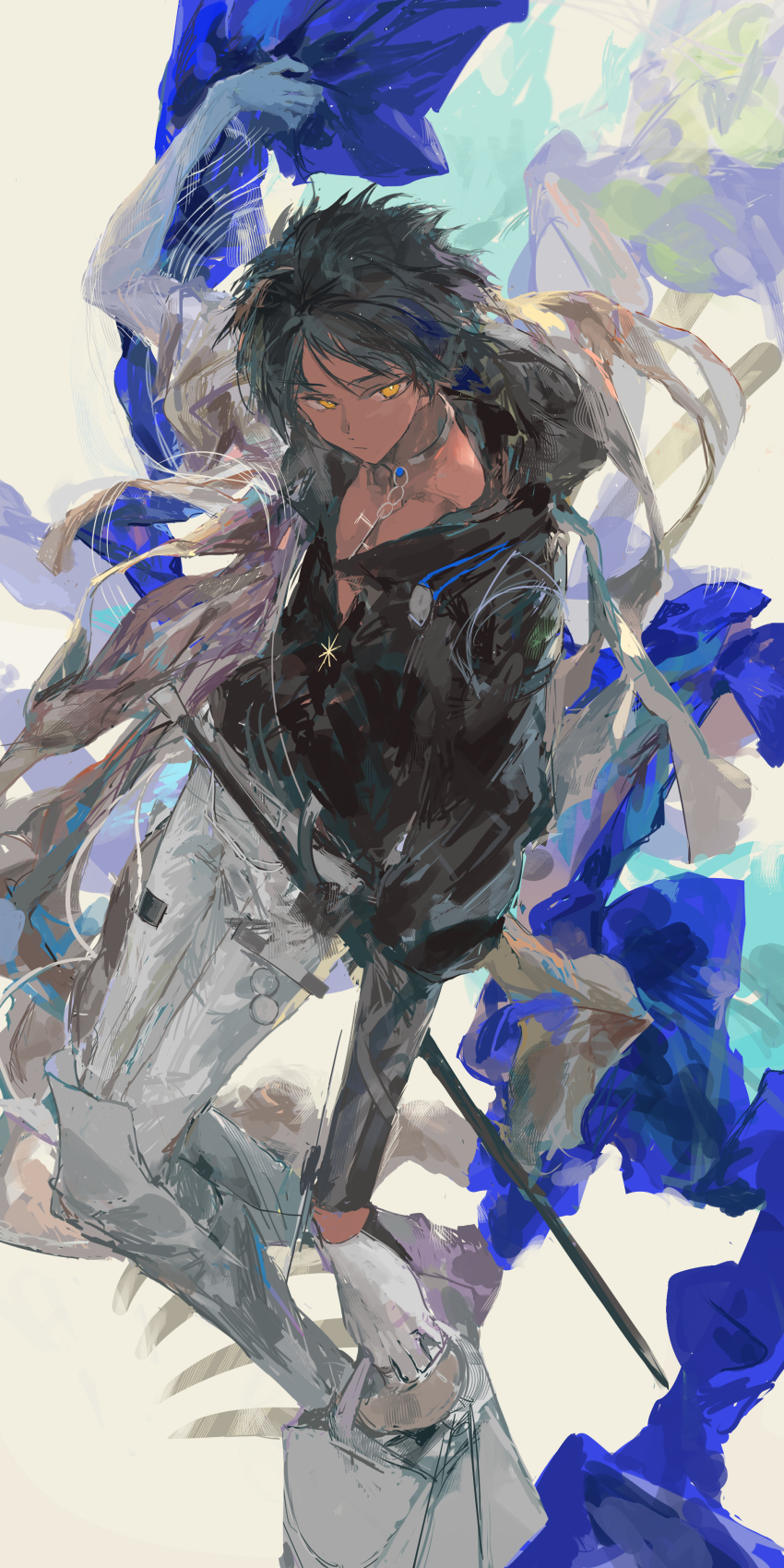1boy absurdres arknights black_hair black_shirt blue_scarf commentary dark-skinned_male dark_skin english_commentary frown gloves highres ichika_(ichika87) jewelry looking_at_viewer male_focus necklace open_clothes open_shirt pants pectorals scarf sheath sheathed shirt solo sword thorns_(arknights) thorns_the_lodestar_(arknights) weapon white_background white_gloves white_pants yellow_eyes