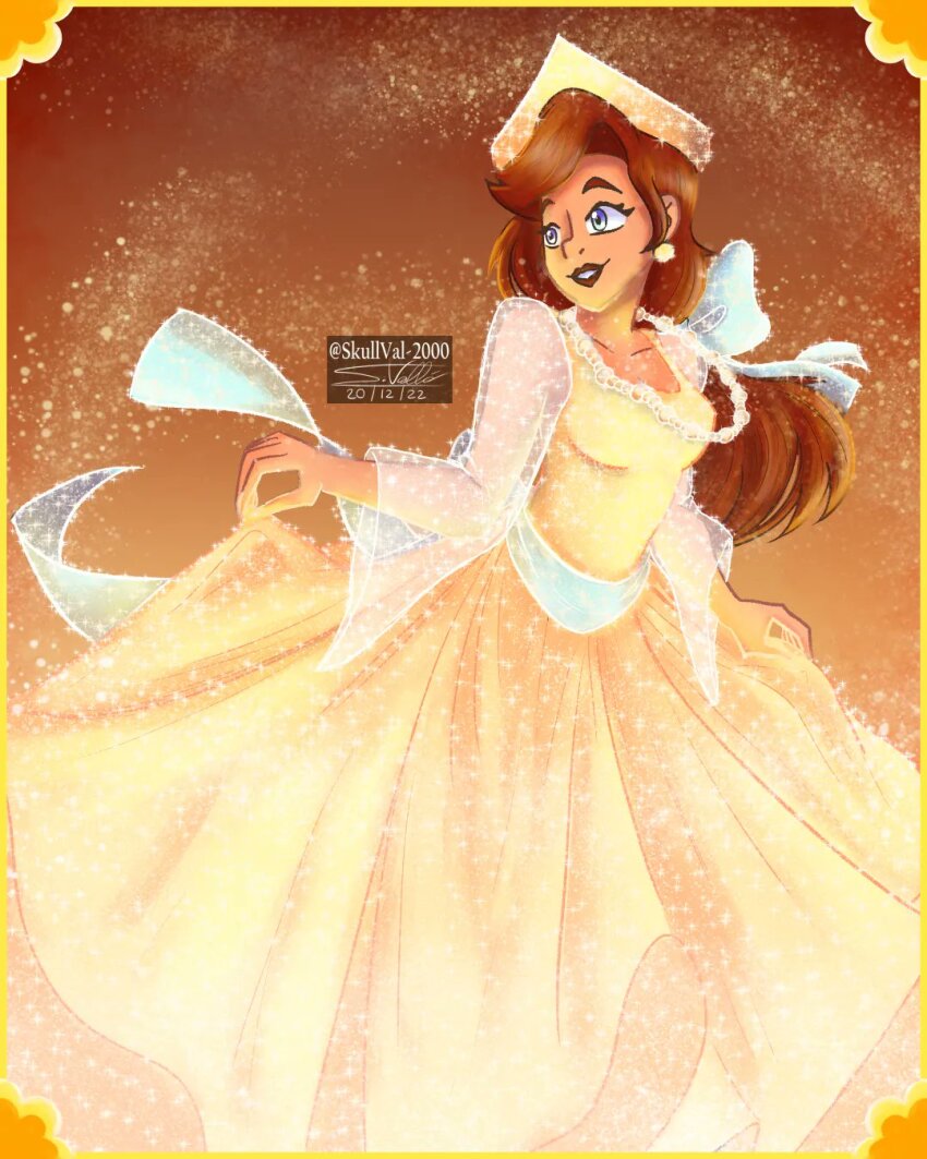 1girl anastasia_(1997) anya_(anastasia) bow commentary crown dress earrings hair_bow highres jewelry long_skirt looking_to_the_side necklace pearl_necklace ponytail red_hair see-through_clothes see-through_sleeves signature skirt skirt_hold skullval_2000 smile solo twitter_username yellow_dress