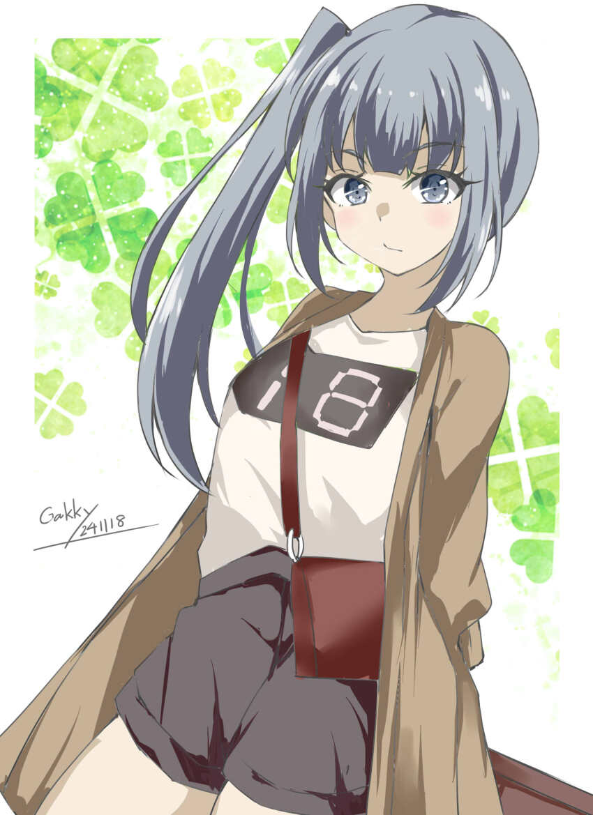 1girl artist_name bag black_shorts brown_coat clothes_writing clover_background coat coat_on_shoulders dated decal gakky grey_eyes grey_hair highres kantai_collection kasumi_(kancolle) kasumi_(kure)_(kancolle) long_hair official_alternate_costume one-hour_drawing_challenge seven-segment_display shirt shorts shoulder_bag side_ponytail solo white_shirt