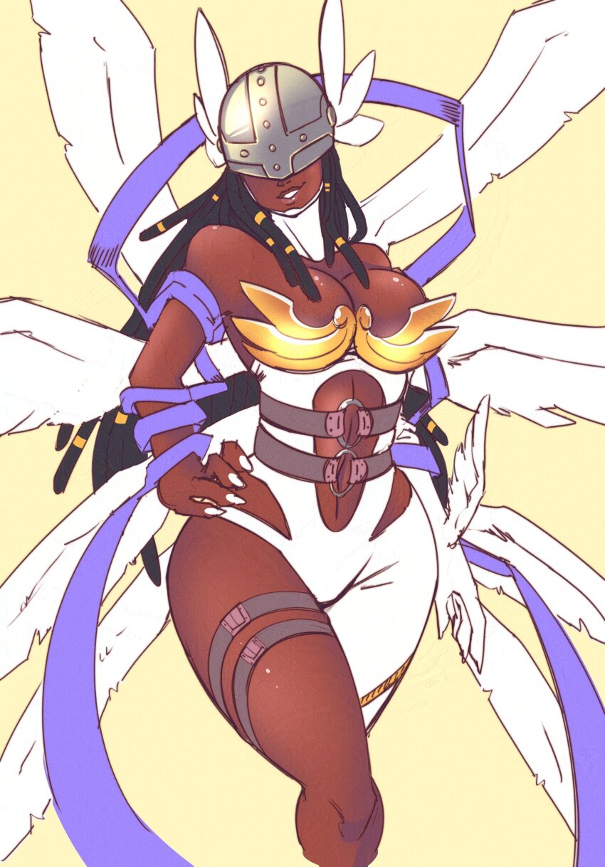 1girl absurdres alternate_hair_color alternate_hairstyle alternate_skin_color angel angel_wings angewomon asymmetrical_clothes bare_shoulders belt black_hair bodysuit breasts cleavage clothing_cutout covered_eyes dark_skin digimon digimon_(creature) dreadlocks facing_viewer feet_out_of_frame fingernails full_body gold_bra hagoromo hair_tubes hand_on_own_hip head_wings helmet helmet_over_eyes highres hip_vent large_breasts long_fingernails long_hair metal_bra multiple_belts multiple_wings nail_polish navel o-ring o-ring_belt parted_lips purple_shawl ring_hair_ornament shawl single_leg_bodysuit smile solo stomach_cutout strapless thigh_strap tidywire very_dark_skin white_bodysuit white_nails winged_gloves winged_helmet wings wrist_wings
