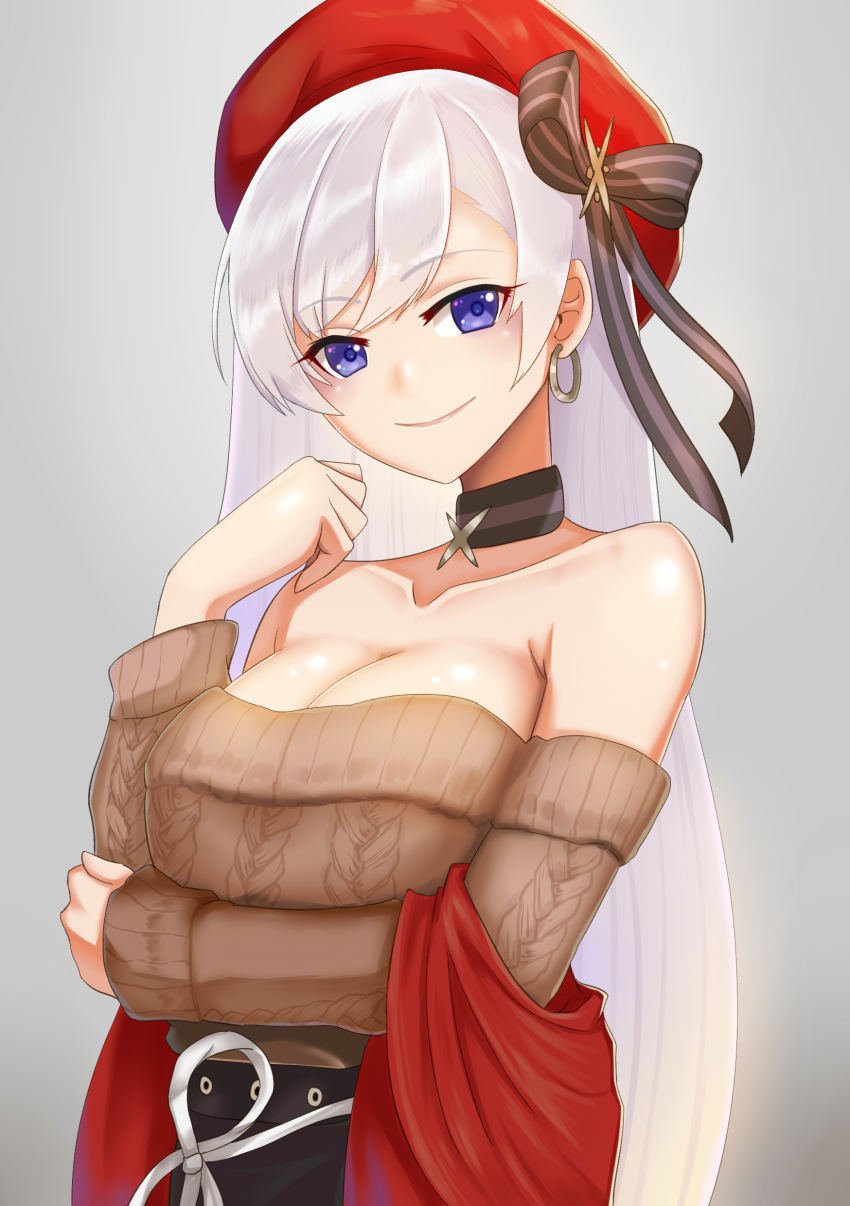 1girl absurdres aran_sweater azur_lane bare_shoulders belfast_(azur_lane) belfast_(shopping_with_the_head_maid)_(azur_lane) beret black_bow black_choker bow breasts brown_sweater cable_knit choker cleavage collarbone commentary der_zweite earrings grey_background grey_hair hair_bow hand_up hat highres hoop_earrings jewelry large_breasts lips long_hair long_sleeves looking_at_viewer off-shoulder_sweater off_shoulder official_alternate_costume purple_eyes red_hat sidelocks smile solo sweater upper_body very_long_hair