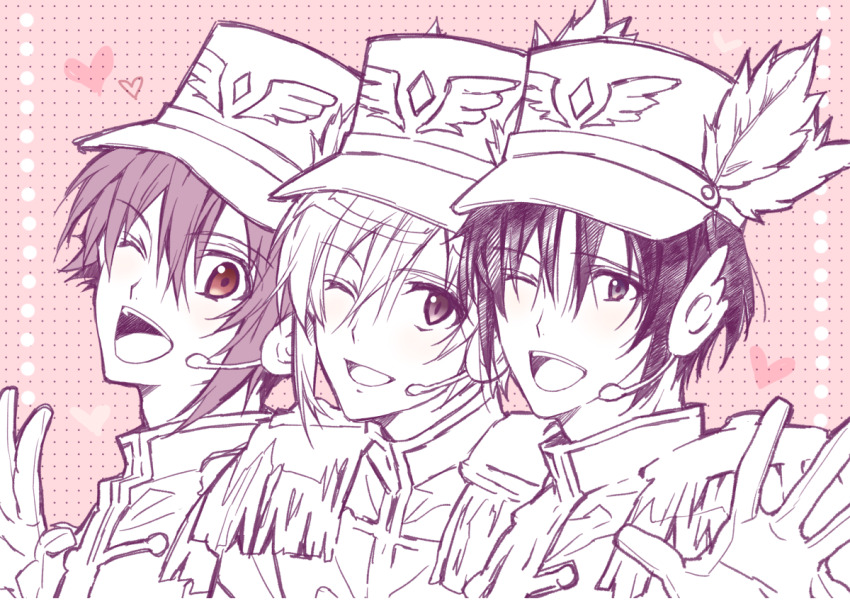 3boys brown_eyes buttons collared_coat epaulettes greyscale_with_colored_background hair_between_eyes hair_ornament halftone halftone_background hand_up happy hat hat_feather head_tilt headset heart high_collar idol idolish7 izumi_iori kujou_tenn light_blush long_sleeves looking_at_viewer male_focus multiple_boys nanase_riku one_eye_closed open_mouth pink_background shako_cap short_hair smile spot_color tanemura_arina teeth upper_body upper_teeth_only waving wing_hair_ornament