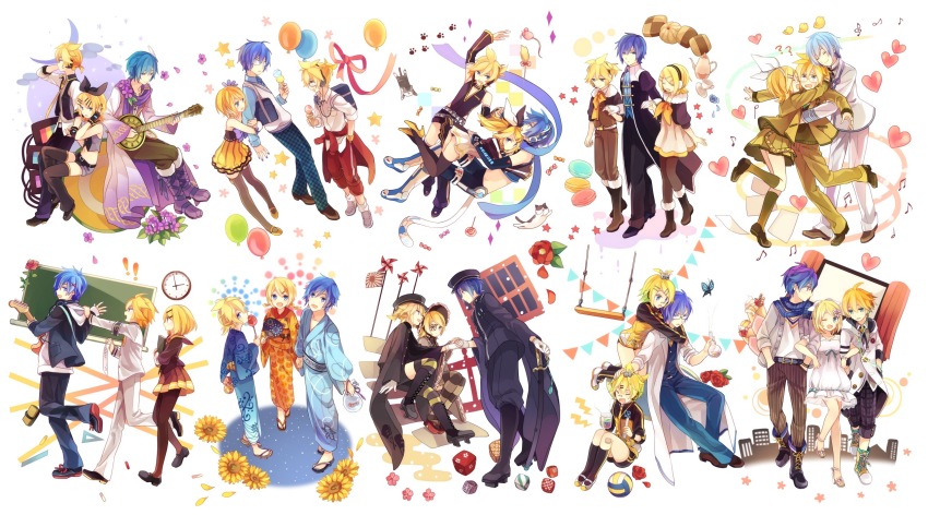 1girl 2boys akiyoshi_(tama-pete) animal_ears asymmetry_l_(module) asymmetry_r_(module) ball balloon banjo black_leotard black_panties kagamine_rin_(black_star) black_thighhighs blazer blonde_hair blue_eyes blue_hair kagamine_len_(blue_moon) book boots bow candy_apple cat cat_ears cat_tail chalkboard checkerboard_cookie kagamine_rin_(cheerful_candy) cherry_blossoms clock colorful_x_melody_(vocaloid) cookie crepe cup decorations dress kagamine_len_(executive_student_council) kagamine_rin_(fairy_dress) flower food gemini_(vocaloid) hair_between_eyes hair_flower hair_ornament hairclip heart high_heels highres holding holding_book holding_plectrum ice_cream ice_cream_cone instrument jacket japanese_clothes kagamine_len kagamine_rin kaito_(vocaloid) kimono knee_boots kneehighs lab_coat leotard macaron mary_janes mouse_(animal) multiple_boys multiple_persona panties pantyhose petals plant plectrum project_diva_(series) project_diva_2nd project_diva_extend project_diva_f kagamine_len_(punkish) kagamine_rin_(reactor) rose rose_petals roshin_yuukai_(vocaloid) ruler kagamine_len_(school_jersey) school_uniform scientist senbon-zakura_(vocaloid) shirt shoes socks star_(symbol) striped_clothes striped_dress striped_thighhighs stylish_energy_(vocaloid) sunflower swept_bangs swing tail teacup teapot thighhighs kagamine_rin_(trad_school) traditional_clothes underwear upskirt vertical-striped_clothes vertical-striped_dress vest kaito_(violet)_(vocaloid) vocaloid volleyball_(object) yukata zettai_ryouiki