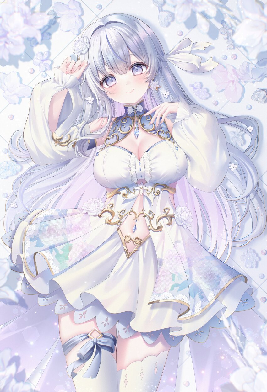 1girl absurdres aoi_sui arm_cutout blue_shrug blunt_bangs body_jewelry bow breasts center_frills cleavage cleavage_cutout clothing_cutout collared_dress colored_inner_hair commentary_request commission cowboy_shot detached_sleeves dress earrings fingernails floral_background floral_print_dress flower flower_earrings framed_breasts frilled_sleeves frills gem gold_trim grey_hair hair_bow hair_flower hair_ornament hand_on_own_head high_collar highres indie_virtual_youtuber jewelry large_breasts layered_skirt leg_ribbon light_blush long_hair looking_at_viewer multicolored_hair pink_hair pink_nails purple_eyes ribbon rose second-party_source skirt sleeveless sleeveless_dress sleeveless_shrug smile solo stomach_cutout straight-on thigh_ribbon thighhighs two-tone_hair virtual_youtuber white_dress white_flower white_rose white_thighhighs yumemi_tobira