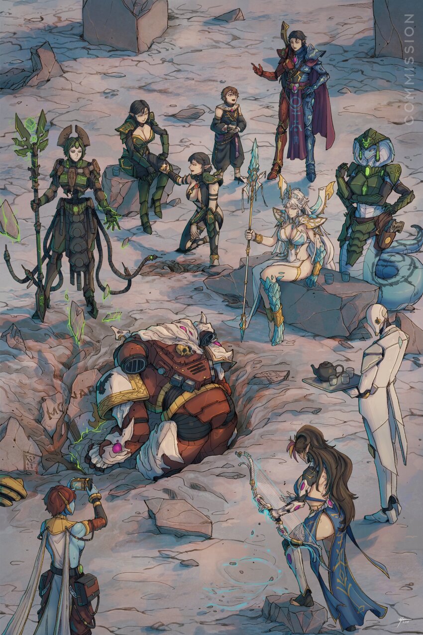 4boys 6+girls absurdres adeptus_astartes armor asymmetrical_clothes bow_(weapon) breasts butler camera carl_tabora cleavage cleavage_cutout clothing_cutout crater eldar fanfiction_available farseer highres holding holding_bow_(weapon) holding_camera holding_polearm holding_staff holding_weapon lamia monster_girl multiple_boys multiple_girls necron pointy_ears polearm power_armor robot spear staff t&#039;au taking_picture warhammer_40k weapon