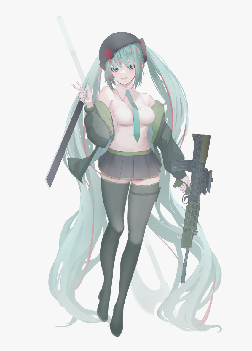 1girl absurdres aqua_eyes aqua_hair assault_rifle black_skirt breasts bullpup commentary_request commission detached_sleeves full_body gun hat hatsune_miku highres holding holding_gun holding_sword holding_weapon l85 long_hair looking_at_viewer medium_breasts multicolored_hair necktie pixiv_commission red_hair rifle skirt solo sweater sword tachibana_shiori_(suica_112) twintails two-tone_hair very_long_hair vocaloid weapon