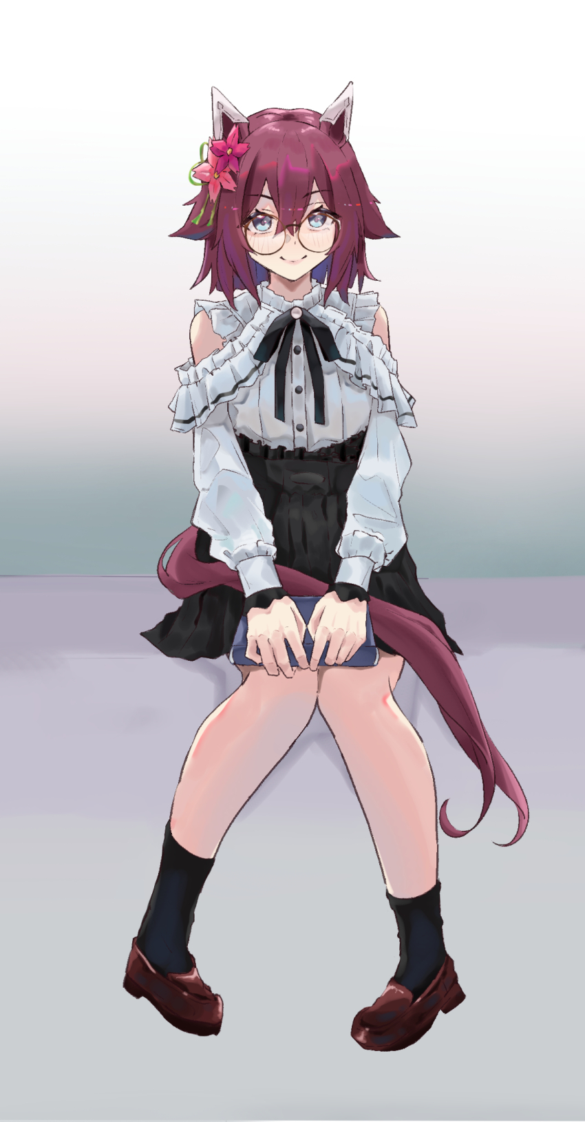 1girl animal_ears bespectacled blue_eyes blush book breasts clothing_cutout commentary_request flower full_body glasses hair_between_eyes hair_flaps hair_flower hair_ornament highres horse_ears horse_girl horse_tail looking_at_viewer medium_breasts medium_hair sakura_chiyono_o_(umamusume) shoes shoulder_cutout sitting smile solo tail tor1goe umamusume white_background