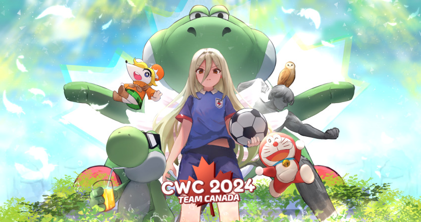 1boy 2024 afuro_terumi androgynous ashley_graham ashley_graham_(mouse) baby_fat_(super_mario_rpg) ball bird blonde_hair blue_shirt blue_shorts brown_eyes character_request commentary copyright_request cup doraemon doraemon_(character) drinking_glass drinking_straw drinking_straw_in_mouth english_commentary hair_between_eyes highres holding holding_ball holding_cup inazuma_eleven_(series) long_hair long_hair_between_eyes looking_at_viewer mario_(series) midriff_peek nintendo osu! owl plant redcxca resident_evil resident_evil_4 shirt short_sleeves shorts soccer_ball standing sunglasses super_mario_rpg teeth upper_teeth_only v-shaped_eyebrows yoshi