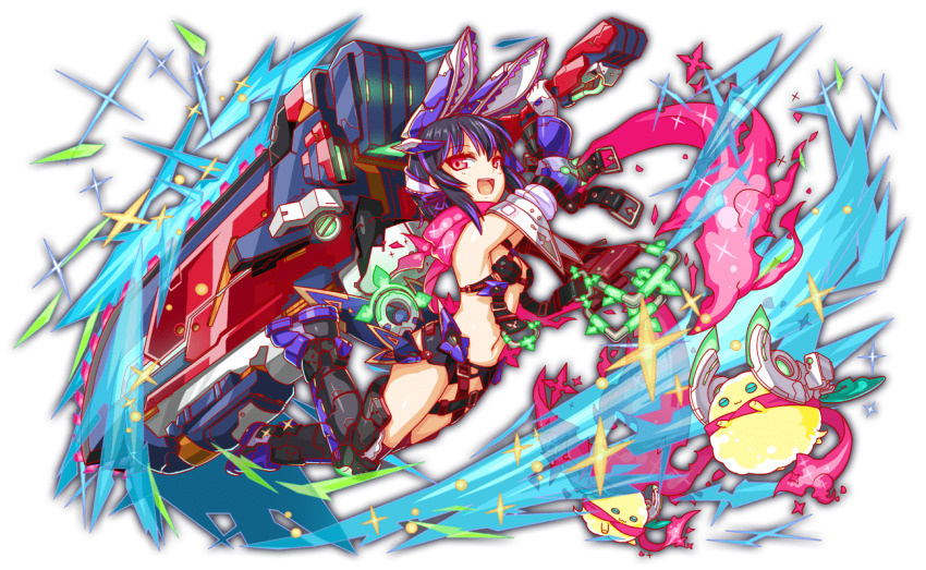 1girl 2others adapted_costume alternate_color alternate_costume alternate_hair_color alternate_weapon animal_ears artist_request bare_shoulders belt black_belt black_bra black_footwear black_hair boots bra breasts cel_shading chainsaw closed_eyes closed_mouth crash_fever creature cross-laced_straps fake_animal_ears freud_(crash_fever) full_body game_cg gloves holding holding_chainsaw holding_sword holding_weapon horns huge_weapon legs_up long_sidelocks mechanical_boots mechanical_ears mechanical_horns medium_breasts multicolored_hair multiple_others navel number_print numbered official_alternate_color official_alternate_costume official_alternate_hair_color official_alternate_weapon official_art open_mouth outline pink_eyes pink_scarf print_sleeves purple_hair purple_ribbon rabbit_ears red_outline red_thighhighs ribbon scarf sidelocks sleeve_belt solo_focus sparkle square square_print streaked_hair sword tachi-e thigh_boots thighhighs third-party_source transparent_background underwear weapon white_gloves white_sleeves