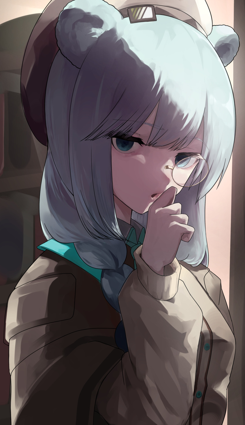 1girl absurdres animal_ears arknights beret brown_hat brown_jacket commentary_request green_eyes grey_hair hair_over_shoulder hand_up hat highres istina_(arknights) jacket long_hair long_sleeves looking_at_viewer low-braided_long_hair low-tied_long_hair monocle open_mouth solo takeman upper_body