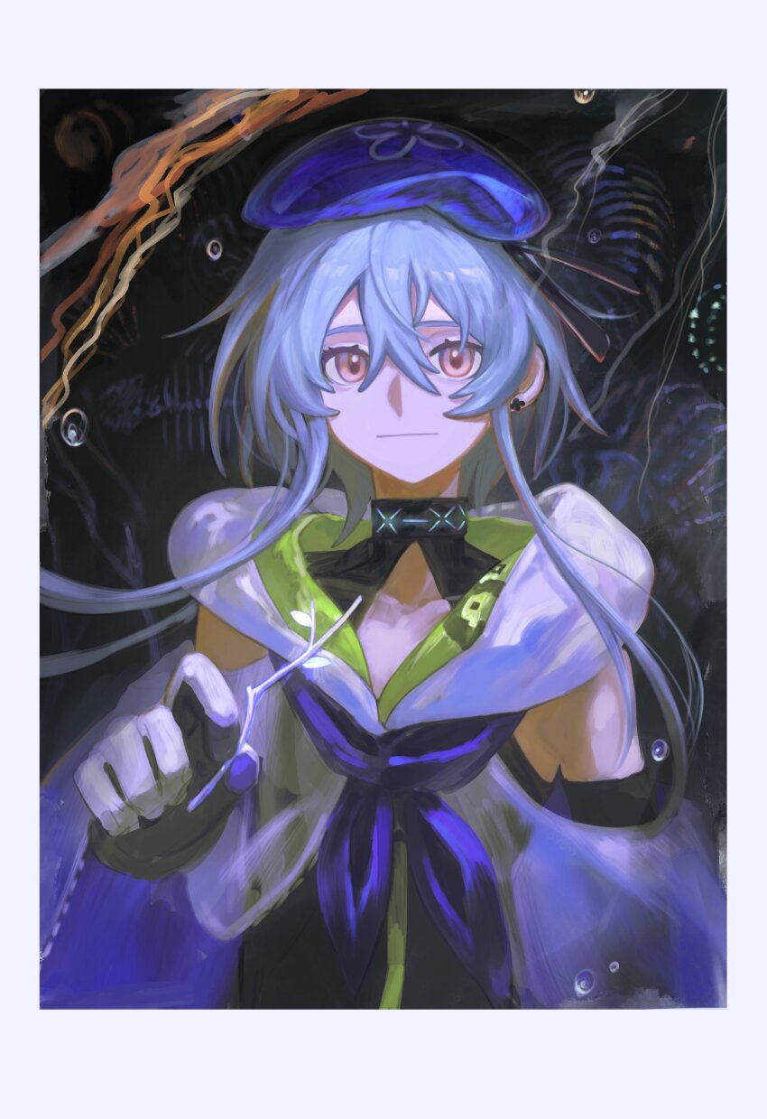 1boy absurdres arknights beret blue_hair border bubble cape closed_mouth detached_sleeves gloves hand_up hat highres hood hood_down hooded_cape infection_monitor_(arknights) jellyfish light_blue_hair looking_at_viewer male_focus mizuki_(arknights) outside_border pink_eyes see-through_cape short_hair_with_long_locks smile solo trap underwater white_border yomotobi