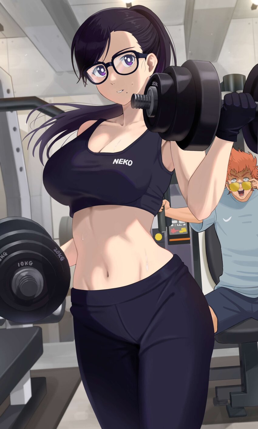 1boy 1girl bare_arms bare_shoulders black-framed_eyewear black_hair black_pants black_sports_bra blue_shorts breasts bright_pupils cleavage collarbone commentary_request cowboy_shot dumbbell exercising glasses grey_shirt gym highres hishigata_sou large_breasts long_hair looking_at_another midriff minakata_hizuru mole mole_under_mouth navel omio pants parted_lips ponytail purple_eyes shirt shorts sitting solo_focus sports_bra standing stomach summertime_render sunglasses teeth tinted_eyewear weightlifting white_pupils yellow-tinted_eyewear yoga_pants