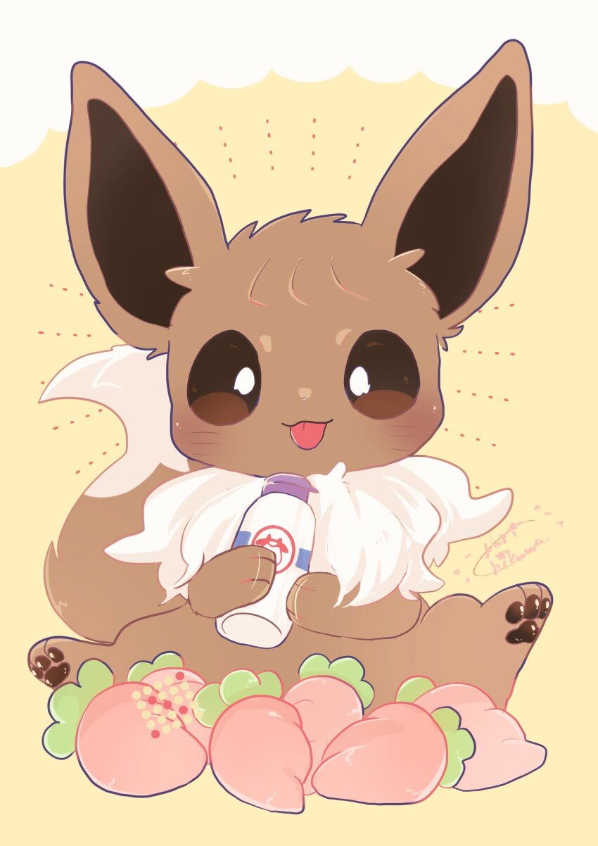 animal_focus banchiku berry_(pokemon) blush bottle brown_eyes commentary_request eevee gen_1_pokemon highres holding milk_bottle moomoo_milk nintendo no_humans pawpads persim_berry pokemon pokemon_(creature) sitting tongue tongue_out