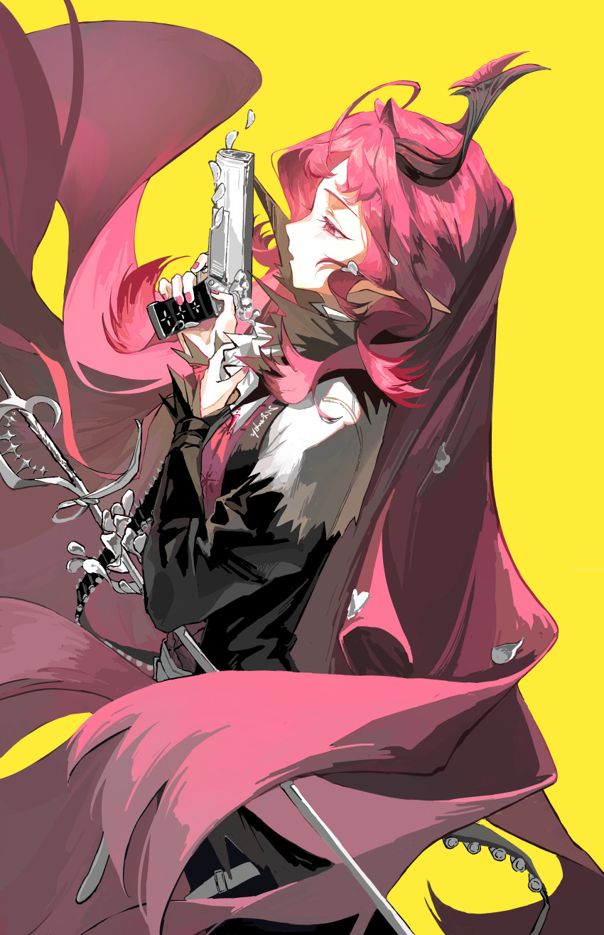 1girl absurdres ahoge arknights character_name chinese_commentary commentary_request cowboy_shot curled_horns from_side gun haibian_dapaopao handgun highres holding holding_gun holding_weapon horns long_hair nail_polish nymph_(arknights) pink_eyes pink_hair pink_nails pointy_ears profile simple_background solo staff very_long_hair weapon yellow_background