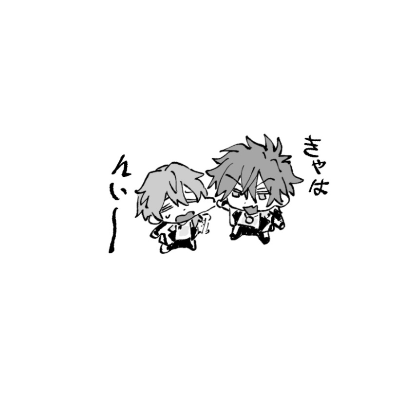2boys =_= amagi_rinne cheek_pull chibi chibi_only chinese_commentary closed_eyes commentary_request dot_nose ensemble_stars! fang full_body greyscale hand_on_another&#039;s_cheek hand_on_another&#039;s_face highres jacket jewelry long_sleeves looking_at_another male_focus monochrome multiple_boys open_clothes open_jacket open_mouth pants pendant shiina_niki short_hair simple_background skin_fang sound_effects suminase sweatdrop translation_request v-shaped_eyebrows white_background