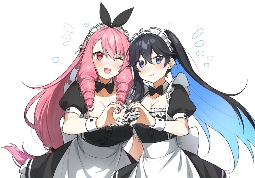 2girls apron ayla_(pgr) black_bow black_bowtie black_dress blue_eyes blue_hair bow bowtie breasts cleavage collar colored_inner_hair commentary_request detached_collar detached_sleeves dress drill_hair drill_sidelocks hair_between_eyes heart heart_hands highres korean_commentary maid maid_apron maid_headdress medium_breasts multicolored_hair multiple_girls myam_(123ab456c) one_eye_closed open_mouth pink_eyes pink_hair punishing:_gray_raven selena_(pgr) short_sleeves sidelocks single_sidelock teeth upper_teeth_only white_background white_collar