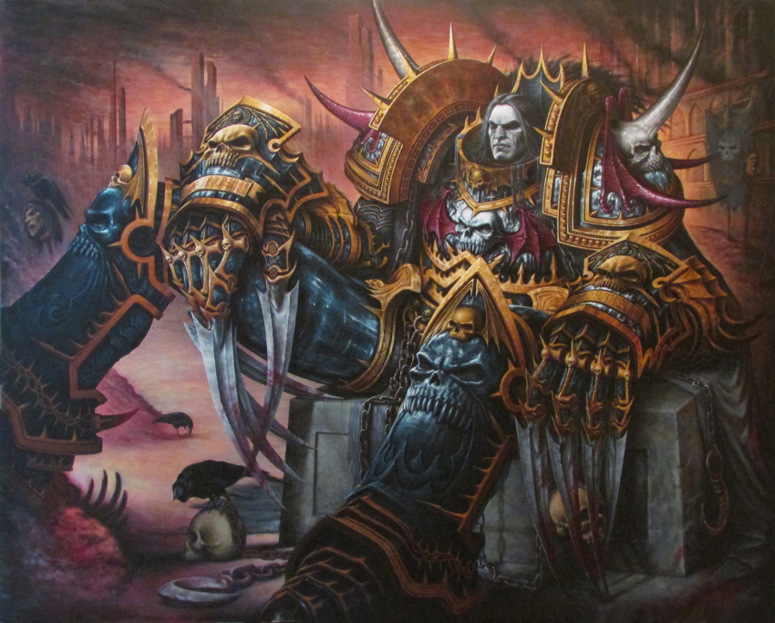 1boy absurdres armor banner bat_wings bird blood bloody_weapon chain city colored_skin crow david-severeide grey_skin highres holding holding_skull hook horns industrial_pipe konrad_curze male_focus night_lords ornate_armor pedestal power_armor power_claw primarch shaded_face sitting skull skull_ornament smog spikes warhammer_40k weapon wings