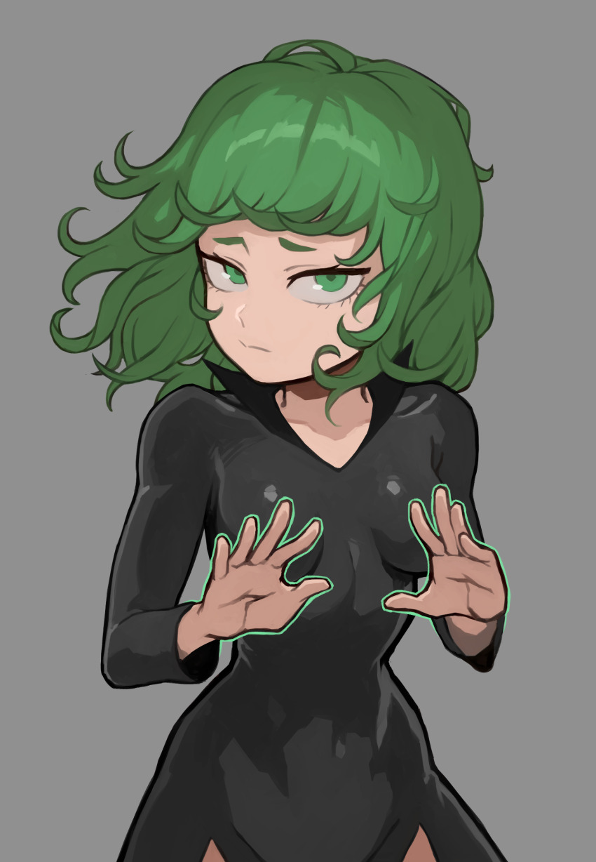 1girl black_dress breasts closed_mouth collarbone cowboy_shot dress green_eyes green_hair grey_background highres long_sleeves looking_at_viewer medium_hair mogglebear one-punch_man simple_background small_breasts solo tatsumaki
