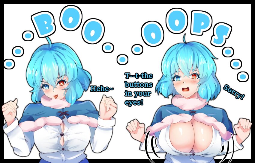1girl ahoge black_capelet blue_capelet blue_eyes blue_hair blush breasts button_gap capelet cleavage english_text ginari heterochromia highres large_breasts long_sleeves open_mouth red_eyes shirt simple_background tatara_kogasa tongue tongue_out touhou upper_body wardrobe_malfunction white_background white_shirt wild_and_horned_hermit