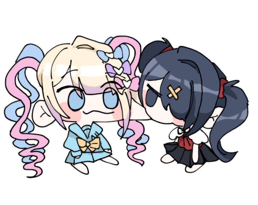 2girls :3 ame-chan_(needy_girl_overdose) biting biting_cheek black_eyes black_hair black_ribbon black_skirt blonde_hair blue_bow blue_eyes blue_hair blue_serafuku blush_stickers bow chibi chibi_only chouzetsusaikawa_tenshi-chan commentary_request dual_persona full_body hair_bow hair_ornament hair_over_one_eye heart heart_hair_ornament highres jitome kiruniil_(aria) long_hair long_sleeves looking_at_another multicolored_hair multiple_girls multiple_hair_bows neck_ribbon needy_girl_overdose pink_bow pink_hair purple_bow quad_tails red_shirt ribbon sailor_collar school_uniform serafuku shirt simple_background sitting skirt twintails white_background x_hair_ornament