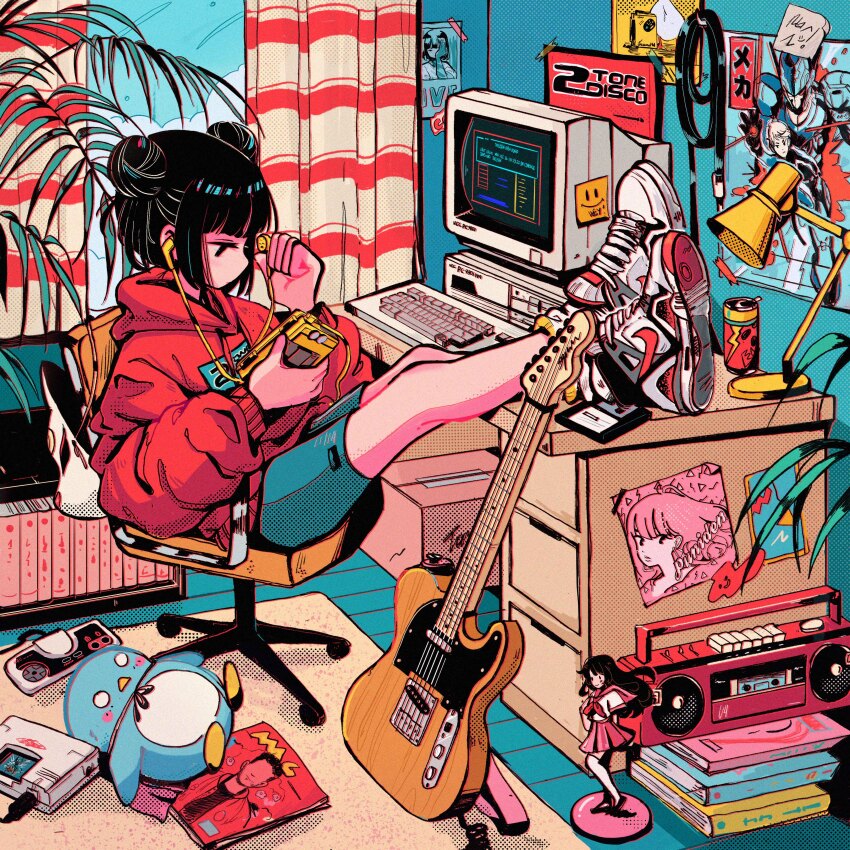 1girl absurdres album_cover bedroom black_eyes black_hair blue_shorts blunt_bangs book book_stack bookshelf boombox box cable can cardboard_box chair commentary computer controller cover crisalys crossed_ankles crt curtains desk desk_lamp double_bun drink_can earbuds earphones electric_guitar english_commentary feet_on_table fender_telecaster figure floppy_disk fox_mask from_side full_body game_console game_controller guitar hair_bun highres holding hood hood_down hoodie indoors instrument computer_keyboard lamp legs_together legs_up long_sleeves magazine_(object) mask monitor nike_(company) office_chair on_chair original outstretched_legs pc-98_(computer) pc_engine plant poster_(object) red_hoodie rug screentones shoes shorts single_earphone_removed sitting sneakers soda_can sticky_note stuffed_animal stuffed_bird stuffed_penguin stuffed_toy swivel_chair unworn_mask walkman window wooden_floor