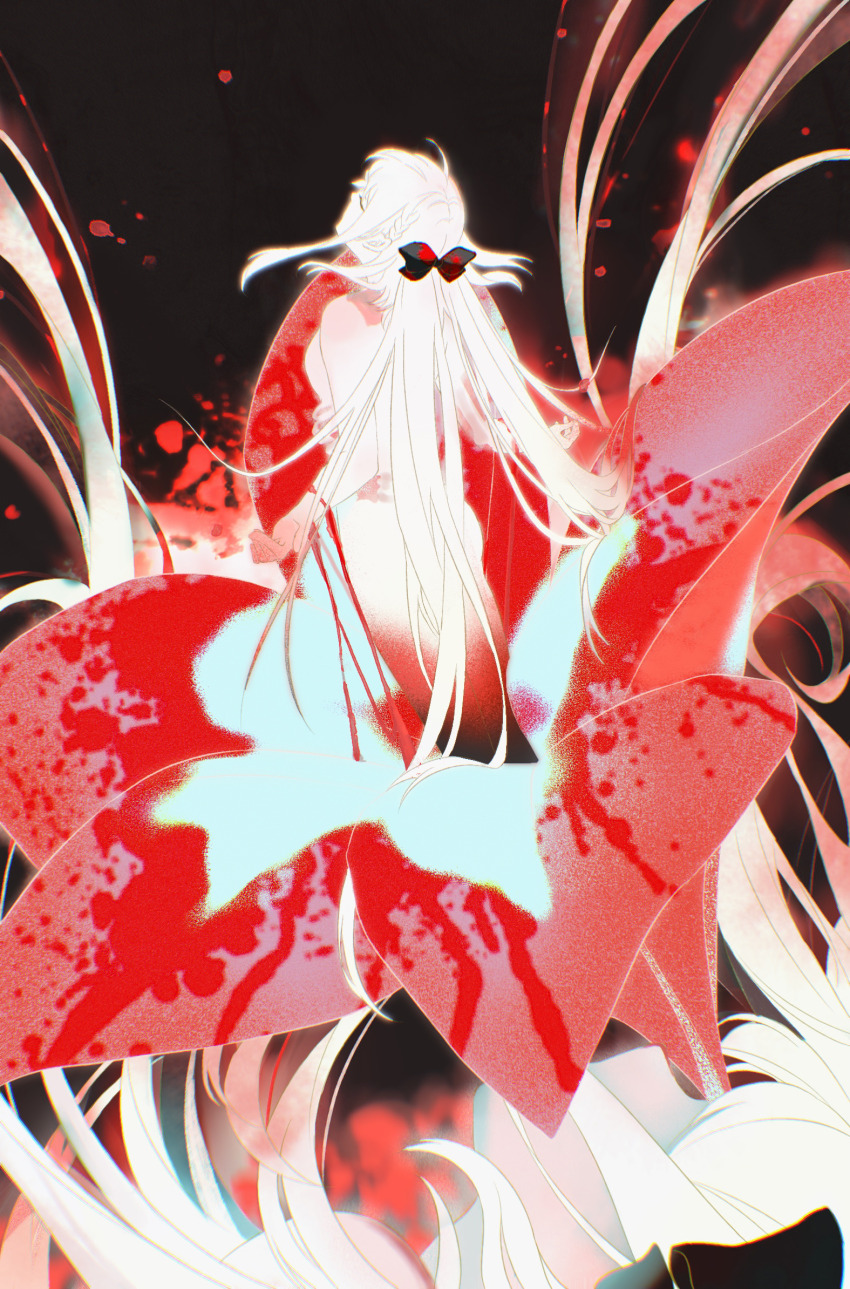 1girl black_bow blood blood_on_flower bow closed_eyes commentary_request drag-on_dragoon drag-on_dragoon_3 flower flower_in_eye from_behind hair_bow highres long_hair lunar_tear nude reincarnation symbol_in_eye very_long_hair white_flower white_hair ye_(pixiv4862539) zero_(drag-on_dragoon)