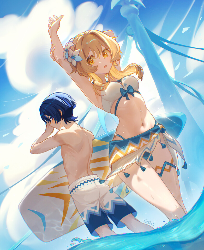 1boy 1girl absurdres alternate_costume arm_behind_head arm_up armpits arms_up artist_name bare_arms bare_back bare_shoulders bikini bikini_skirt blonde_hair blue_bikini blue_bow blue_flower blue_hair blue_sky blue_swim_trunks blunt_ends blush bow bow_bikini breasts closed_mouth cloud cloudy_sky colored_eyelashes day flower full_body genshin_impact hair_flower hair_ornament hand_up hawaiian_clothes highleg highleg_bikini highres holding holding_own_arm holding_surfboard kotokate looking_at_another looking_back lumine_(genshin_impact) lumine_(hot_springs)_(genshin_impact) male_swimwear multicolored_flower multicolored_strap navel o-ring o-ring_bikini o-ring_bottom official_alternate_costume open_hand open_mouth outdoors partially_submerged scaramouche_(genshin_impact) short_hair short_hair_with_long_locks shoulder_blades side-tie_bikini_bottom side-tie_skirt sidelocks sideways_glance sky standing surfboard swim_trunks swimsuit tassel thigh_strap topless_male triangle_print wanderer_(genshin_impact) water white_bikini white_flower white_male_swimwear yellow_eyes