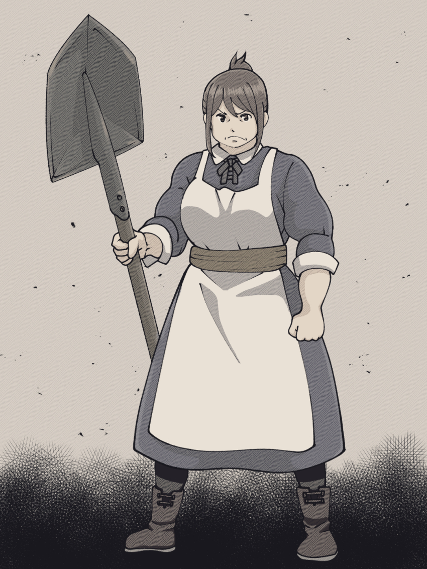 1girl a-king apron boots brown_hair clenched_hand dress dungeon_ni_deai_wo_motomeru_no_wa_machigatteiru_darou_ka frown full_body grey_dress highres holding holding_shovel mia_grand shovel solo standing