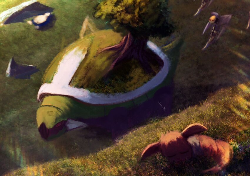 absurdres beedrill closed_eyes closed_mouth commentary crain1art eevee english_commentary gen_1_pokemon gen_4_pokemon grass highres nintendo no_humans outdoors pokemon pokemon_(creature) pokemon_focus red_eyes signature sleeping torterra tree u_u