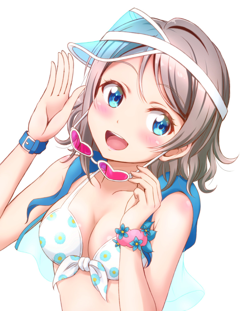 1girl :d bikini blue_eyes blush breasts ckst cleavage collarbone female_focus floral_print front-tie_bikini_top front-tie_top grey_hair heart heart-shaped_eyewear highres holding holding_removed_eyewear love_live! love_live!_school_idol_festival love_live!_sunshine!! medium_breasts open_mouth pink-tinted_eyewear pink_scrunchie print_bikini salute scrunchie short_hair sideways_hat simple_background smile solo sunglasses swimsuit tinted_eyewear unworn_eyewear upper_body vest visor_cap watanabe_you watch white_background white_bikini wrist_scrunchie wristwatch