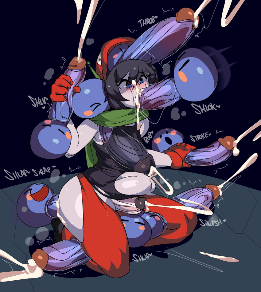 1boy 6+others absurdres black_hair bulge captain_kirb closed_eyes clothed_sex clothes cum cum_in_ass cum_in_mouth doukutsu_monogatari english_text fellatio group_sex highres huge_penis looking_at_penis looking_at_viewer ma_pignon monster multiple_others open_mouth oral penis penis_grab penis_size_difference quote_(cave_story) sex sex_from_behind smile stomach_bulge testicles veins veiny_penis yaoi