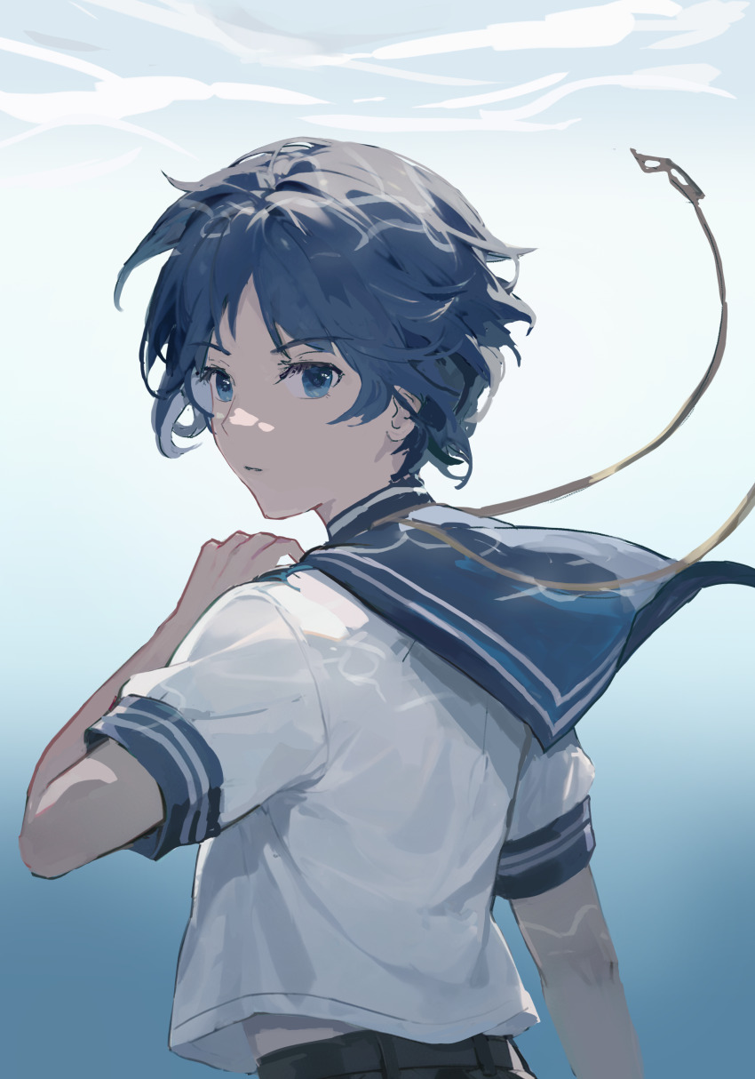 1boy absurdres arm_up black_shorts blue_eyes blue_hair blue_sailor_collar genshin_impact highres kongmingbubu looking_at_viewer male_focus sailor_collar scaramouche_(genshin_impact) school_uniform serafuku shirt short_sleeves shorts solo underwater upper_body wanderer_(genshin_impact) white_shirt