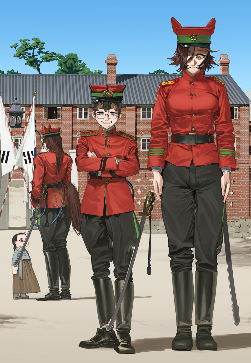 1other 4girls absurdres animal_ears belt black-framed_eyewear black_belt black_boots black_hair black_pants boots breasts bridle brown_eyes brown_hair building buttons cavalry cavalry_sword child closed_mouth commentary commentary_request crossed_arms english_commentary fingernails freckles glasses green_trim hair_between_eyes hair_over_one_eye hat height height_difference highres horse_ears horse_girl horse_tail imperial_korean_army imperial_korean_flag jacket kepi korea korean_commentary korean_empire long_hair long_sleeves looking_at_another looking_at_viewer military military_hat military_rank_insignia military_uniform mixed-language_commentary multicolored_hair multiple_girls pants pzkpfwi red_jacket rose_of_sharon round_eyewear saber_(weapon) semi-rimless_eyewear shadow sheath shirt short_hair shoulder_boards smile spurs standing standing_at_attention star_(symbol) sweat sweatdrop sword tail tall_female teeth tree umamusume under-rim_eyewear vodka_(umamusume) weapon white_hair white_shirt yellow_eyes yin_yang