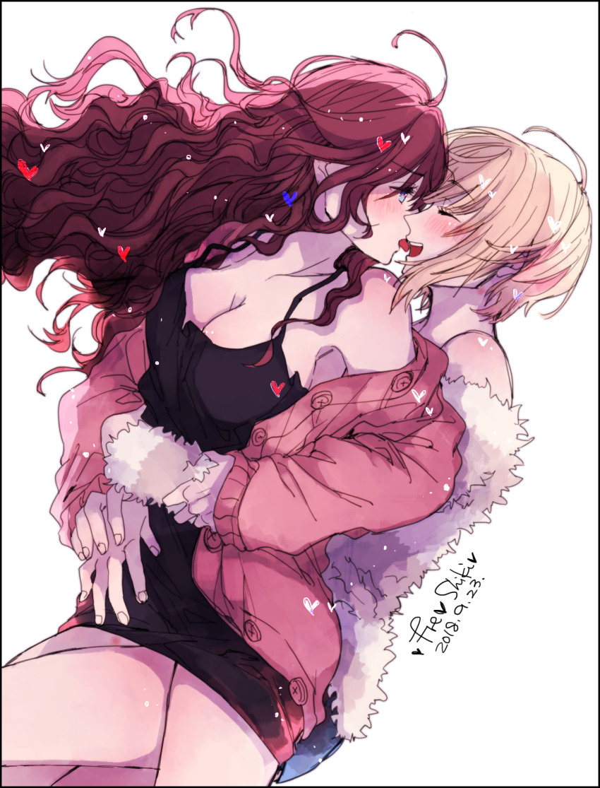 2girls amane_(7783) black_camisole blonde_hair blue_eyes blush breasts camisole cardigan cleavage closed_eyes commentary_request dated heart hickey highres hug hug_from_behind ichinose_shiki idolmaster idolmaster_cinderella_girls large_breasts leg_between_thighs long_hair miyamoto_frederica multiple_girls open_cardigan open_clothes open_mouth pink_cardigan red_hair short_hair simple_background smile sweat tongue tongue_out white_background yuri