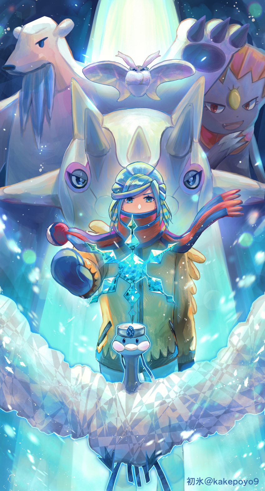 1boy absurdres altaria beartic blue_hair blue_mittens blue_scarf cetitan commentary_request floating_hair frosmoth gen_3_pokemon gen_4_pokemon gen_5_pokemon gen_8_pokemon grusha_(pokemon) highres jacket long_sleeves looking_at_viewer male_focus mashiro_(kakepoyo9) mittens nintendo outstretched_arm pants pokemon pokemon_(creature) pokemon_sv scarf scarf_over_mouth striped_clothes striped_scarf terastallization weavile yellow_jacket
