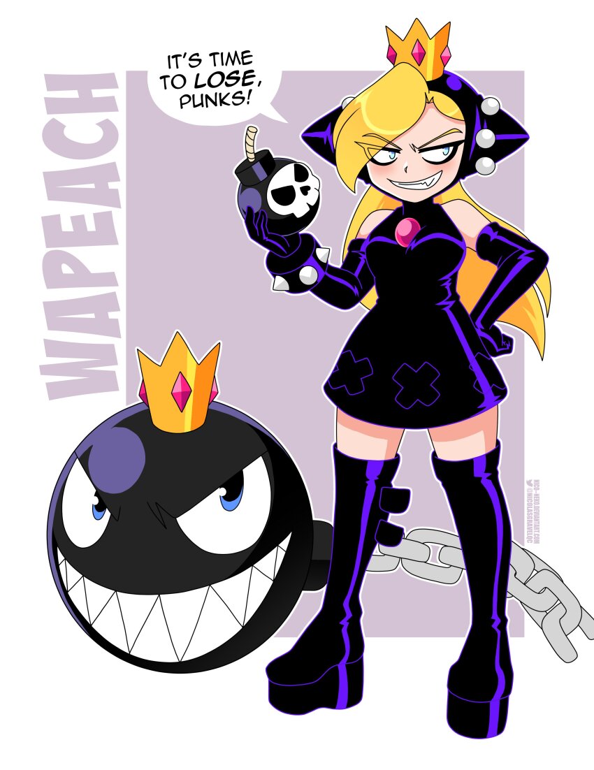 &gt;:) 1girl absurdres bare_shoulders black_boots black_gloves blonde_hair blue_eyes bomb boots bracelet chain_chomp character_name cross_cutout crown dress elbow_gloves evil_grin evil_smile explosive fang gem gloves grin hair_over_one_eye hand_on_own_hip highres holding holding_bomb hood hood_up hooded_dress jewelry latex latex_dress leather_dress long_hair mario_(series) mario_power_tennis mario_tennis mini_crown nico-neko nintendo petite pink_gemstone platform_boots platform_footwear purple_boots purple_gloves sharp_teeth sideways_glance skull_print sleeveless sleeveless_dress smile solo spiked_bracelet spikes teeth thigh_boots v-shaped_eyebrows warupeach x_cutout