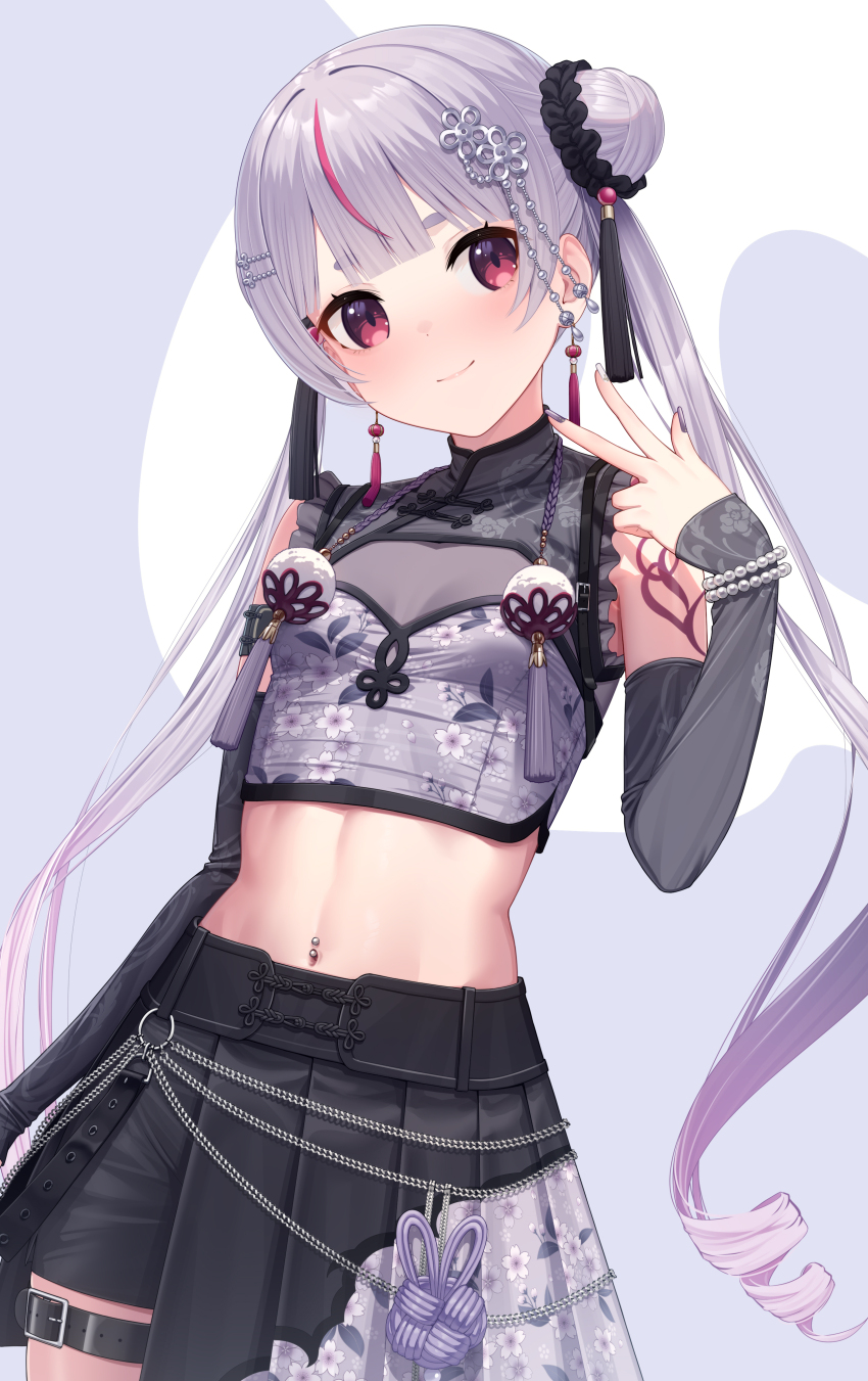 1girl absurdres belly_chain belt black_overskirt black_shorts bracelet chinese_clothes cowboy_shot detached_sleeves double-parted_bangs earrings grey_hair hair_bun hair_ornament hairpin highres jewelry midriff multicolored_hair nail_polish navel navel_piercing nikichiho overskirt pearl_bracelet piercing pleated_skirt red_eyes shirt shorts simple_background skirt sleeveless sleeveless_shirt smile solo streaked_hair tassel tassel_earrings thigh_belt thigh_strap tosaki_mimi tosaki_mimi_(6th_costume) turtleneck twintails virtual_youtuber vspo! w