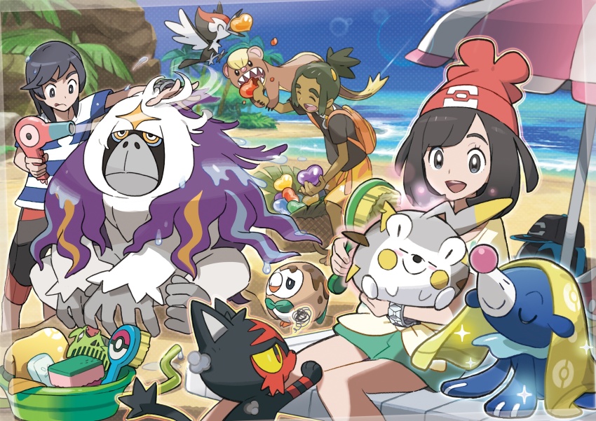 1girl 2boys absurdres beach beanie black_hair blue_eyes dark-skinned_male dark_skin eating elio_(pokemon) gen_1_pokemon gen_2_pokemon gen_7_pokemon hair_brush hair_dryer hat hau_(pokemon) highres lens_flare litten multiple_boys nintendo official_art oomura_yuusuke open_mouth oranguru pikipek poke_bean pokemon pokemon_(creature) pokemon_refresh pokemon_sm popplio porygon red_hat rowlet selene_(pokemon) shirt short_hair smile soap_bubbles sparkle starter_pokemon_trio t-shirt themed_object togedemaru towel tyranitar unworn_hat unworn_headwear yungoos