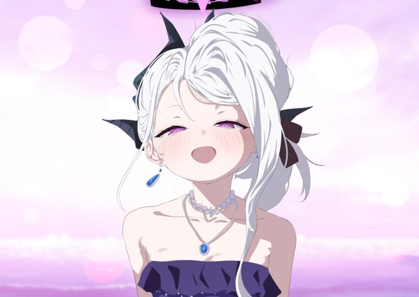 1girl black_halo blue_archive blush breasts demon_girl demon_horns dress earrings halo hina_(blue_archive) hina_(dress)_(blue_archive) horns jewelry long_hair looking_at_viewer necklace off_shoulder pendant purple_dress purple_eyes sharp_to_sharp small_breasts solo white_hair