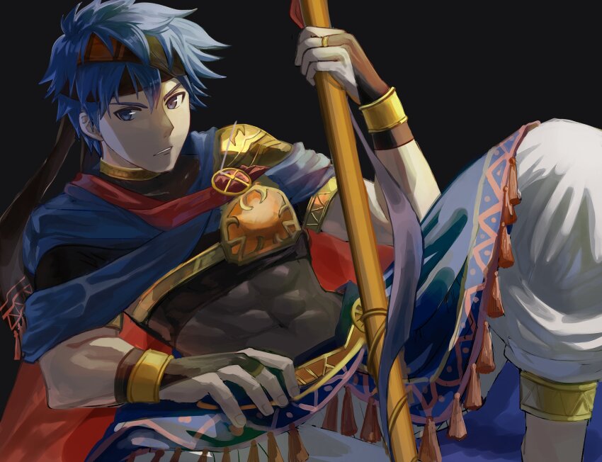 1boy blue_eyes blue_hair bodystocking bridal_gauntlets commentary_request covered_abs covered_navel fire_emblem fire_emblem:_path_of_radiance fire_emblem_heroes highres holding holding_polearm holding_weapon ike_(fire_emblem) ike_(jehanna)_(fire_emblem) male_focus marukubi9595 nintendo official_alternate_costume parted_lips polearm short_hair solo toned toned_male weapon
