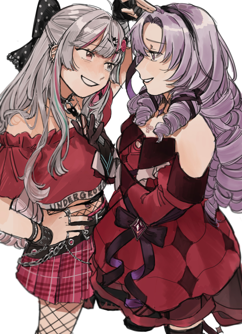 2girls arm_under_breasts bare_shoulders black_bow black_collar black_eyes black_gloves black_hairband blush bow bracelet breasts collar confrontation cropped_shirt dress face-to-face fingerless_gloves fishnet_pantyhose fishnets from_side gloves grey_hair grin hair_bow hairband hand_up head_tilt heterochromia highres hyakumantenbara_salome hyakumantenbara_salome_(1st_costume) ishigami_nozomi ishigami_nozomi_(1st_costume) jewelry koinko_(hunjinwashow) long_hair medium_breasts miniskirt multicolored_hair multiple_girls multiple_rings nijisanji off-shoulder_dress off-shoulder_shirt off_shoulder pantyhose pendant pink_eyes plaid_clothes plaid_skirt pleated_skirt poking poking_head purple_eyes purple_hair red_dress red_shirt red_skirt ring ringlets shirt single_fingerless_glove single_glove skirt smile standing streaked_hair studded_bracelet virtual_youtuber