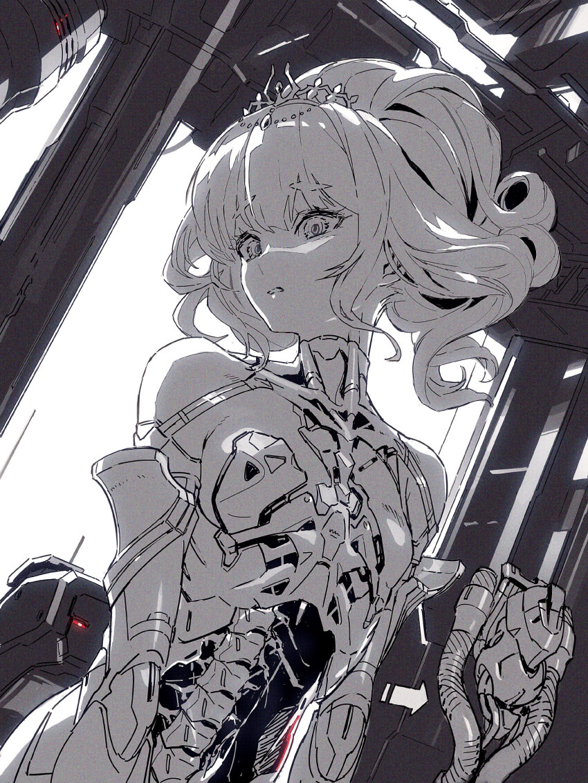 1girl android bare_shoulders breasts dutch_angle exposed_internal_machinery greyscale hair_up highres jnt joints looking_at_viewer mechabare monochrome original ribs robot_joints small_breasts solo spine spot_color tiara upper_body