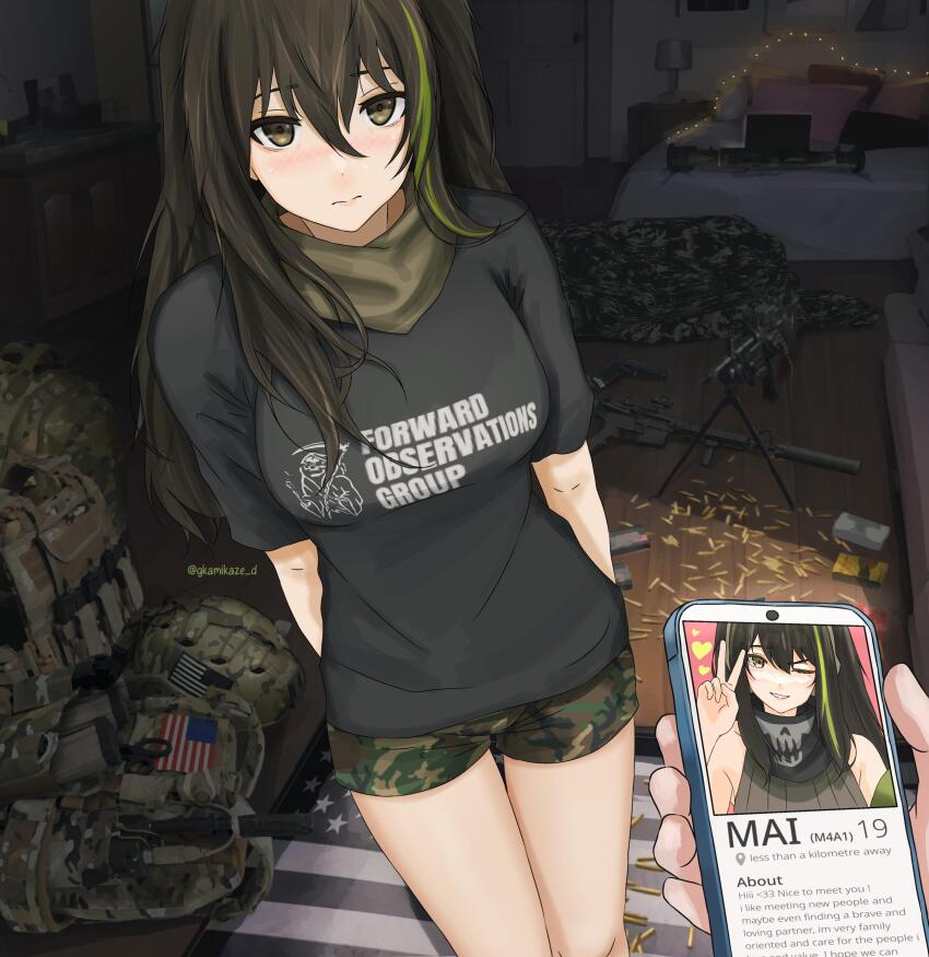 1girl absurdres american_flag ammunition ammunition_box assault_rifle at4 backpack bag black_shirt blush brown_eyes brown_hair bulletproof_vest camouflage camouflage_shorts cartridge cellphone commentary dgkamikaze dutch_angle english_commentary fn_minimi girls&#039;_frontline green_hair gun hair_between_eyes helmet highres holding holding_phone indoors long_hair looking_at_viewer m4_carbine m4a1_(girls&#039;_frontline) magazine_(weapon) multicolored_hair phone pov radio_antenna rifle rocket_launcher shears shirt short_shorts short_sleeves shorts smartphone solo_focus staccato_2011 streaked_hair two-tone_hair walkie-talkie weapon woodland_camouflage