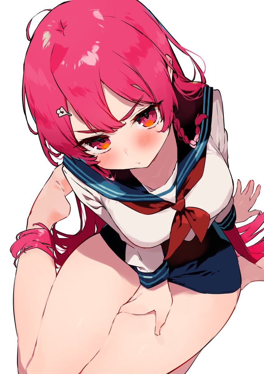 1girl absurdres arataka_mimi arm_support barefoot blush braid breasts closed_mouth cmyk:_sameda_kazuou_wa_chuunibyou_ga_naosenai from_above glaring hair_ornament hairclip hand_between_thighs highres koba large_breasts long_hair looking_at_viewer looking_up micro_shorts pink_hair red_eyes sailor_collar shorts side_braid sitting solo textless_version thick_thighs thighs thighs_together wariza white_background white_sailor_collar