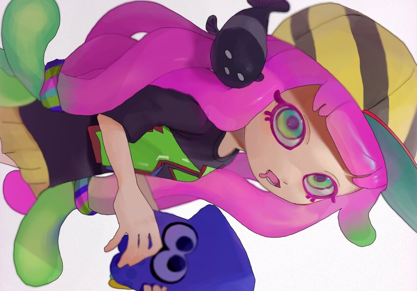 1girl baseball_cap black_shirt blue_eyes clownfish drooling fish gradient_hair green_eyes green_hair harmony&#039;s_clownfish_(splatoon) harmony_(splatoon) hat highres holding holding_stuffed_toy long_hair long_shirt lower_teeth_only mepo_1 miniskirt multicolored_eyes multicolored_hair nintendo open_mouth pink_hair pleated_skirt shirt short_sleeves sideways simple_background skirt splatoon_(series) striped_clothes striped_headwear stuffed_squid stuffed_toy teeth tentacle_hair two-tone_eyes two-tone_hair very_long_hair white_background yellow_skirt