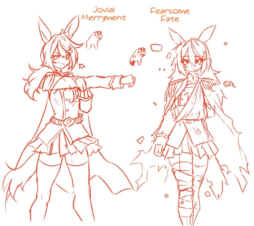 2girls animal_ears arm_sling bandaged_leg bandages belt belt_buckle broken_arm buckle cape cast commentary crown empty_eyes english_commentary epaulettes hair_between_eyes highres holding_own_arm horse_ears horse_girl horse_race_tests horse_tail injury jovial_merryment long_hair looking_at_viewer miniskirt monochrome multiple_girls personification pleated_skirt ponytail shoulder_pads simple_background skirt smirk star_(symbol) tail thighhighs torn_clothes vixenofthestars white_background
