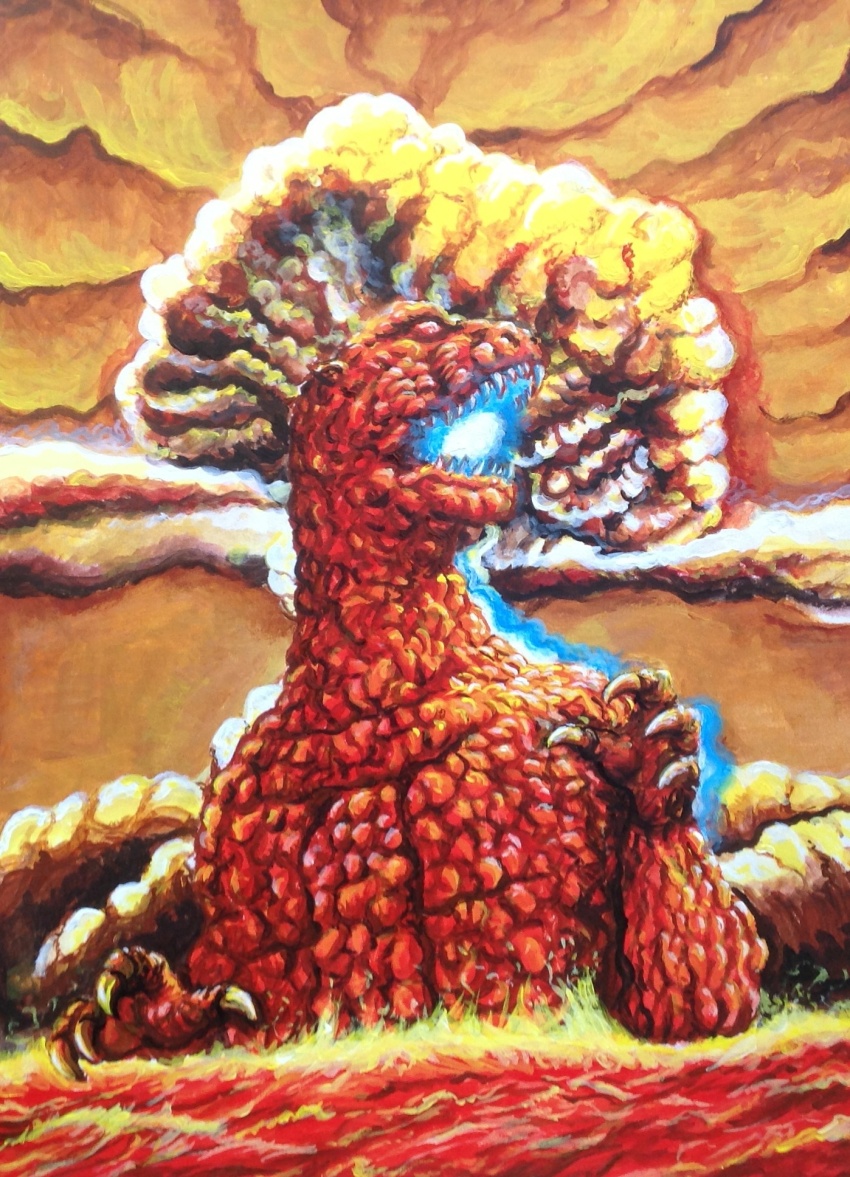 dinosaur energy eruption explosion glowing godzilla godzilla_(series) highres kaiju mushroom_cloud no_humans ocean the_return_of_godzilla thermacabe toho volcano water